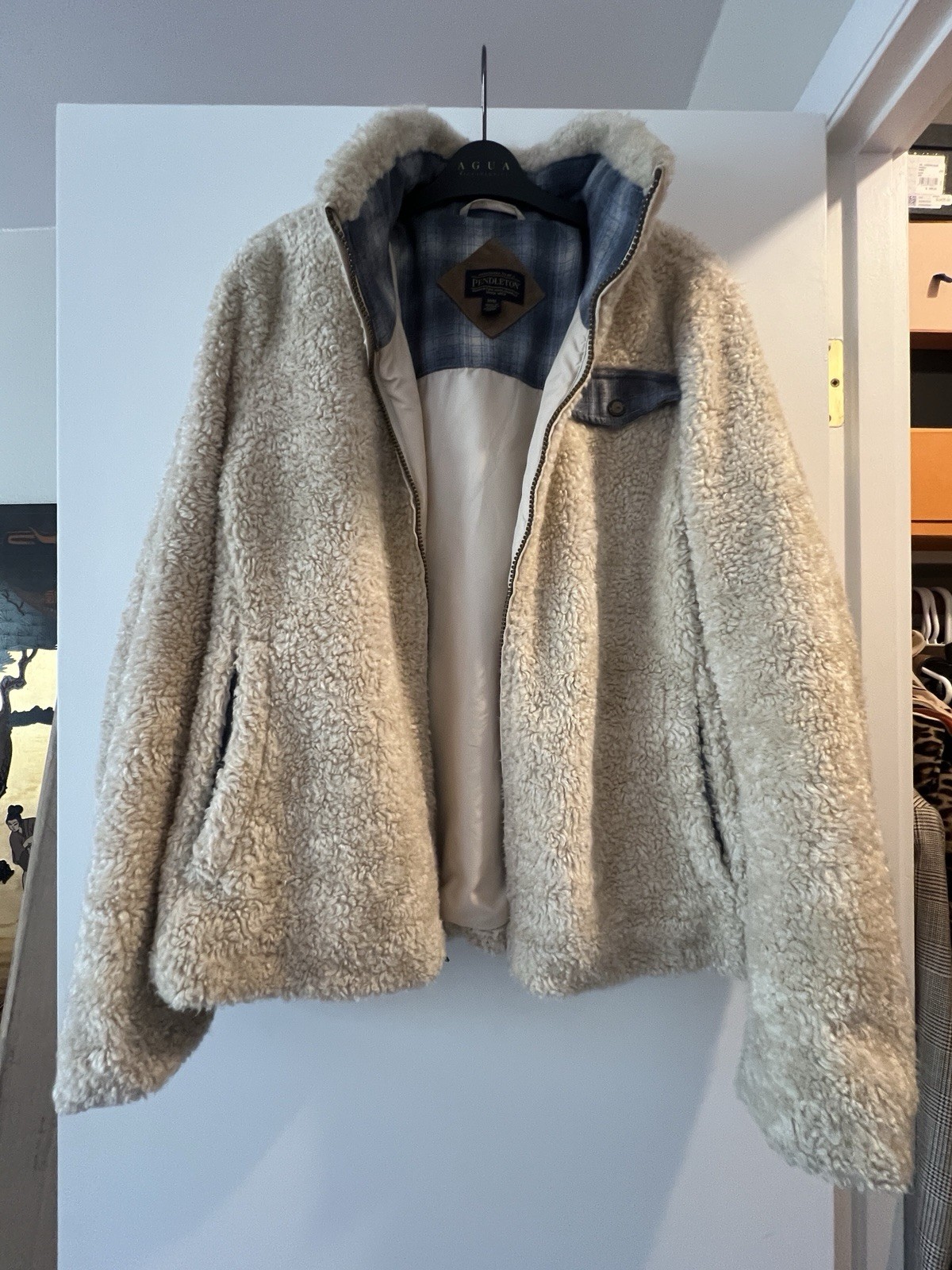 Pendleton Jacket Womens Size M Sherpa Fleece Fuzzy Cream Wool Trim Full Zip