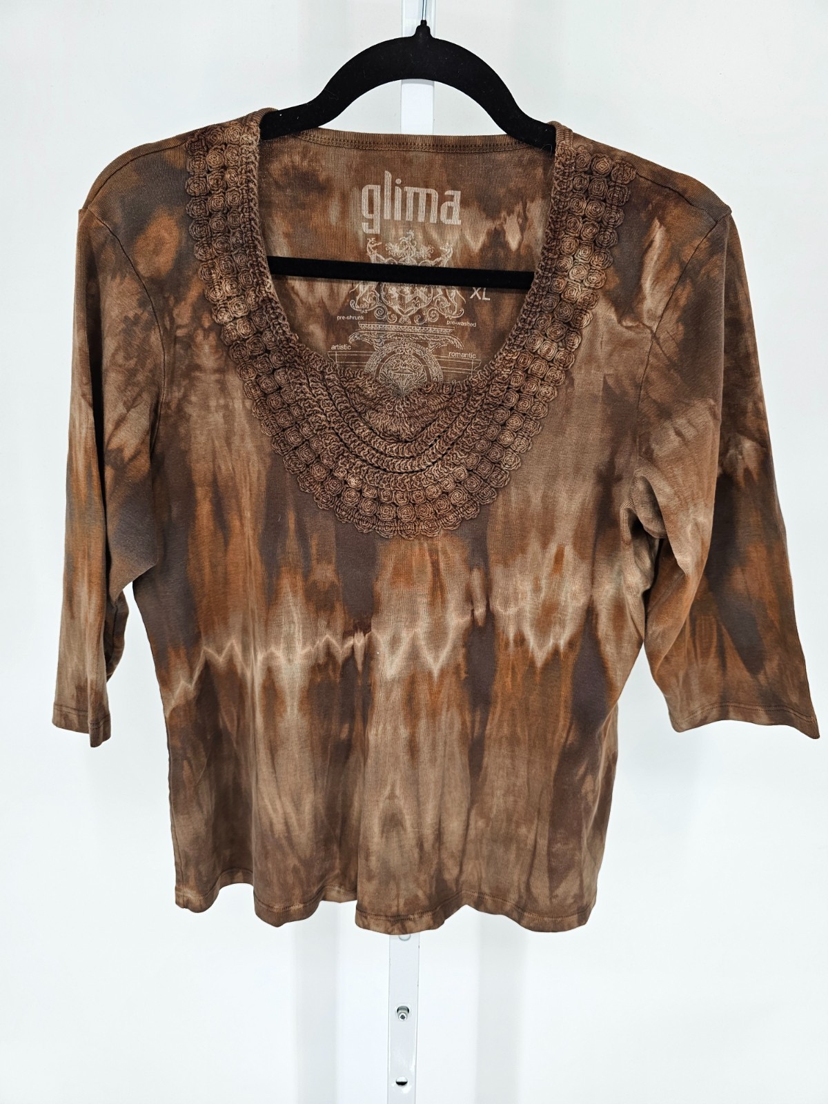 Vintage Glima Womens Sz XL 3/4 Sleeve Blouse Brown Tie Dye Crochet Boho