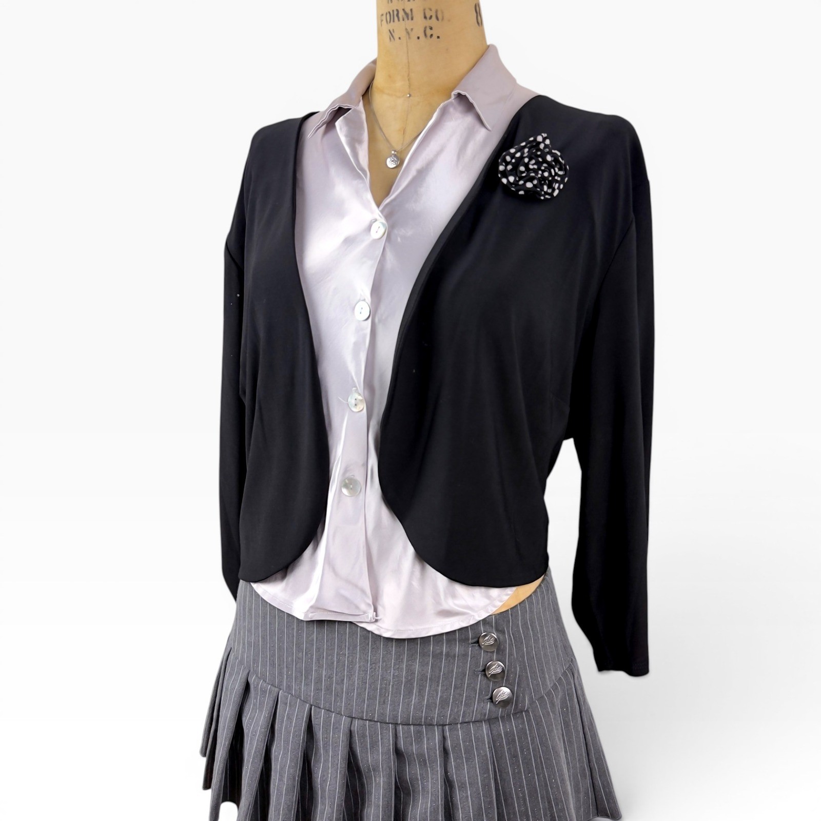 Y2K Rosette Brooch Bolero Shrug Polka Dot Open 3/4 Sleeve Dark Romantic Size L
