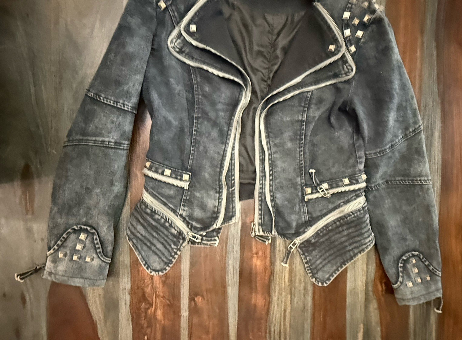 Jacket Womans Studded Riveted Denim Moto Cyber Punk Rock Steampunk M? Zipper S ?