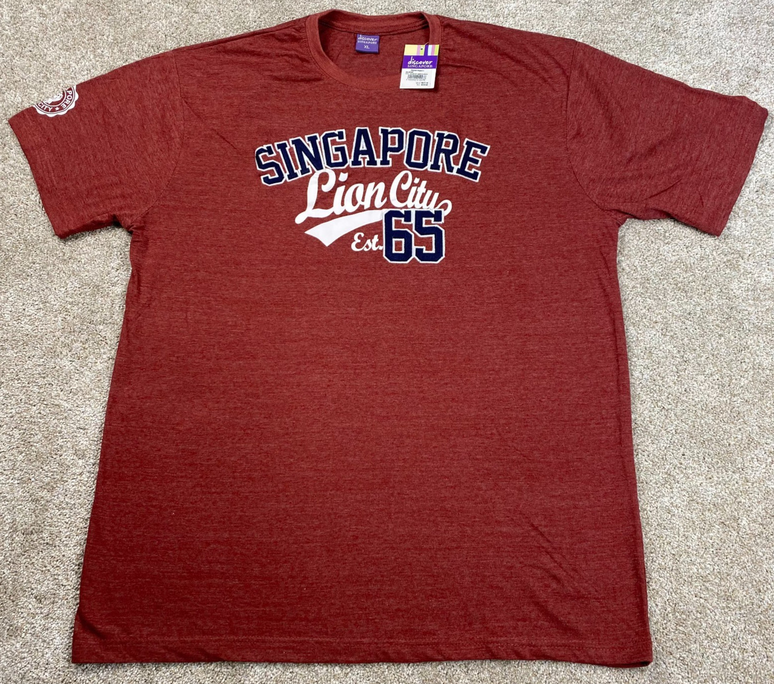 SINGAPORE 65 Lion City Men’s T-Shirt Embroidered Maroon Size XL NWT