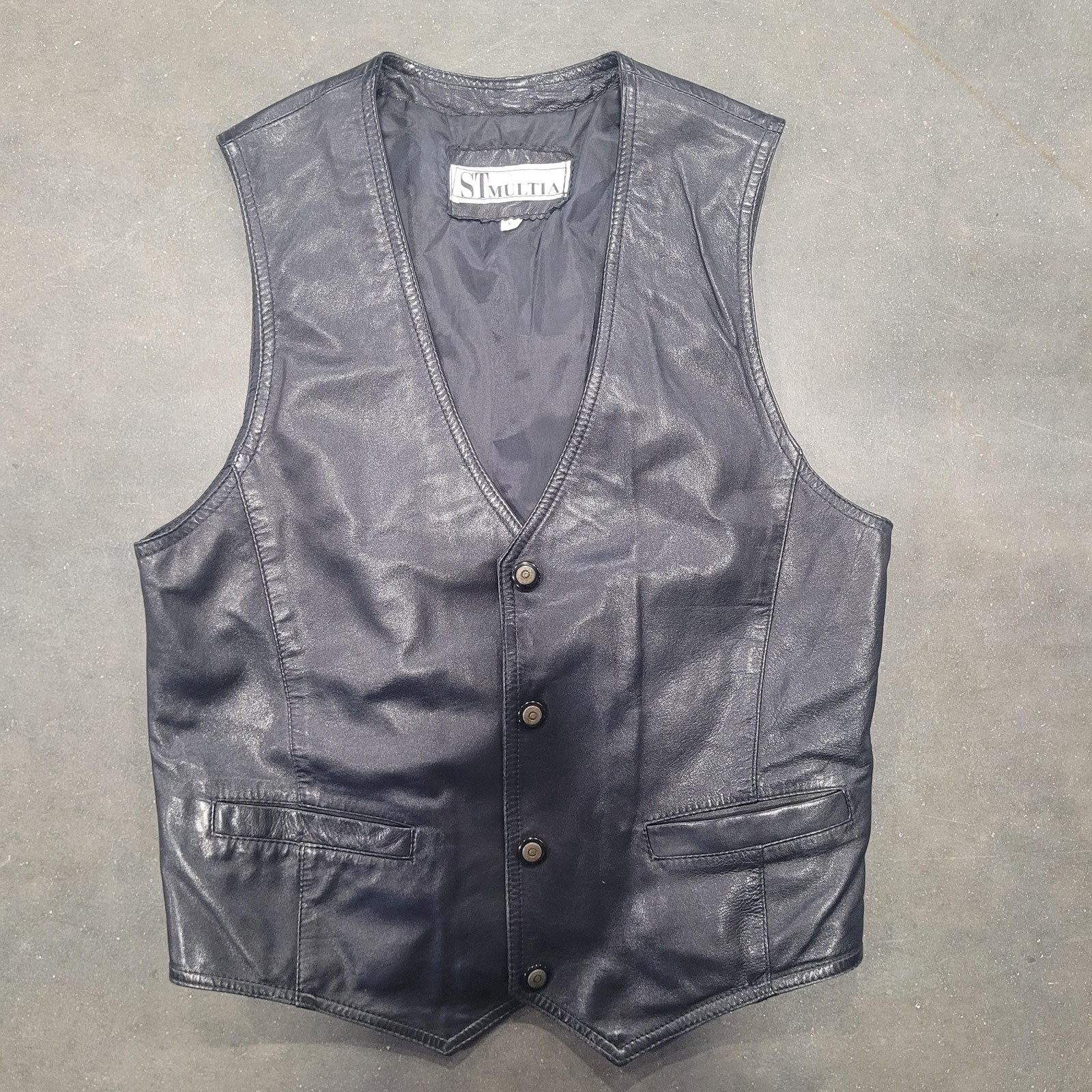 St Multia Vest Lg Black Leather Motorcycle Moto Biker Rock Western Snap Buttons