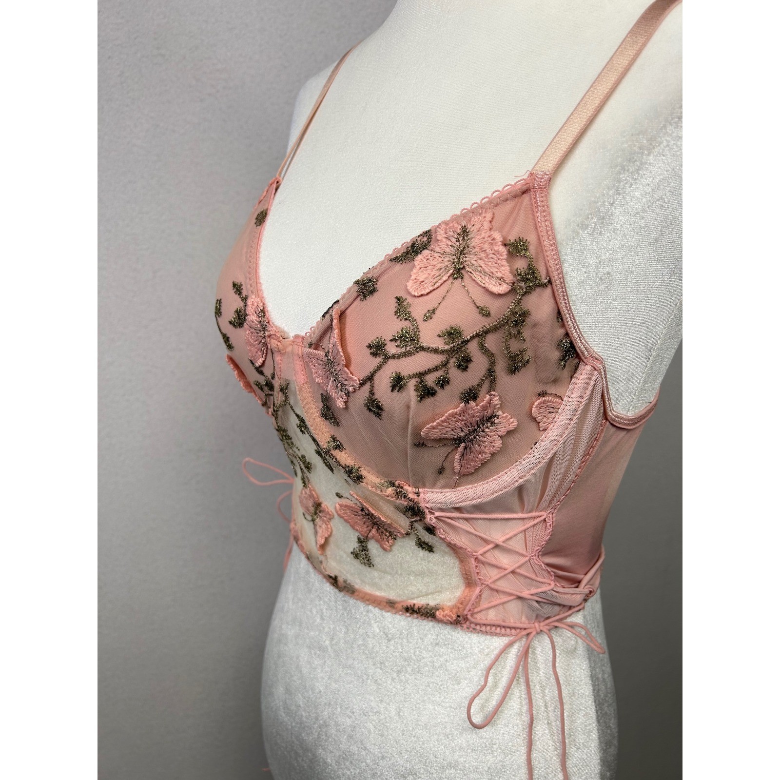 Fairycore Womens Size Medium Pink Butterfly Embroidered Lace Up Corset Top