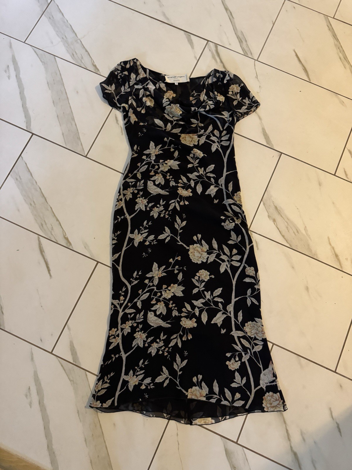 EMANUEL UNGARO MADE IN PARIS SILK SHEER Y2K Floral Mid Length Dress Sz 6 Vintage