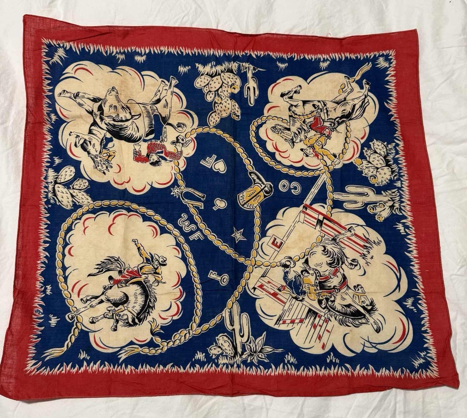 Vintage 1950s Western WF CO Bronco Bull Riding Cowboy Bandana Handkerchief Scarf
