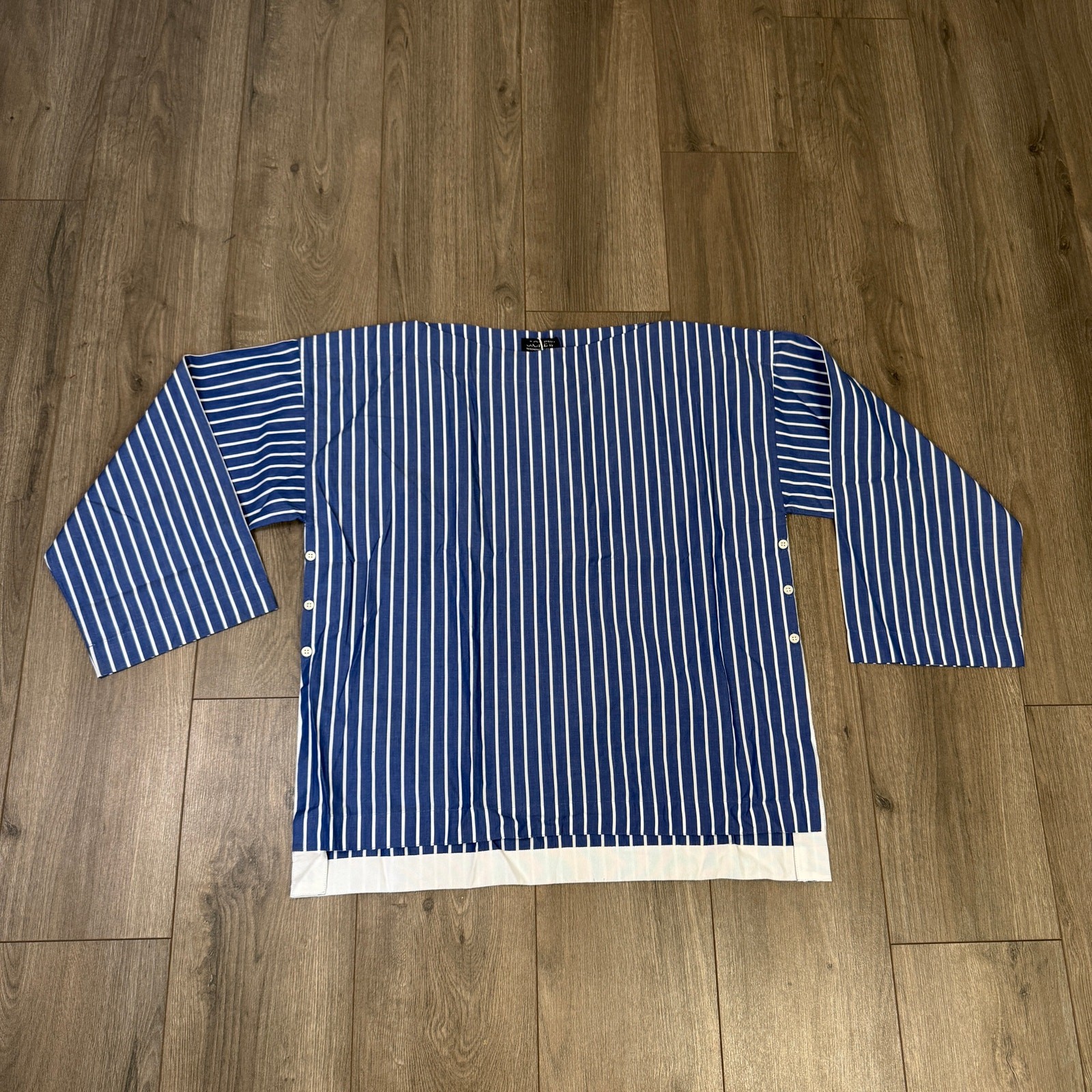 J.Crew Ciel Top WMNS L Deep Sea Stripe Poplin Waist Tie Side Button Long Sleeve