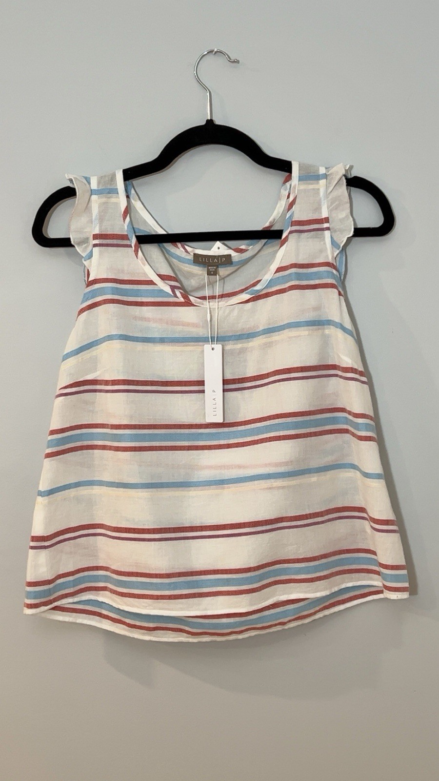 Lilla P Ruffle Sleeve Tank Top | Striped | S | NWT | Retail $115 | Embroidered