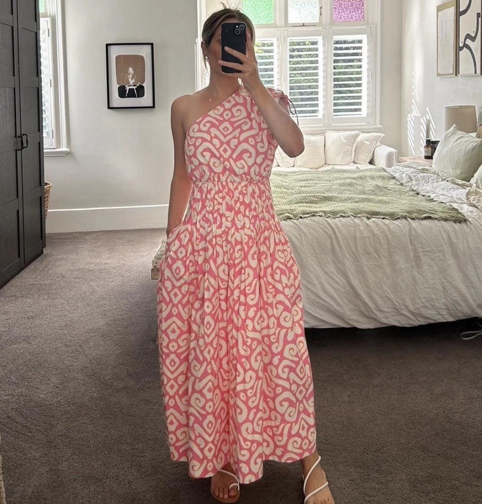 COUNTRY ROAD Midi Dress Women AU 8 US 4 Pink Print One Shoulder Pleated Cotton