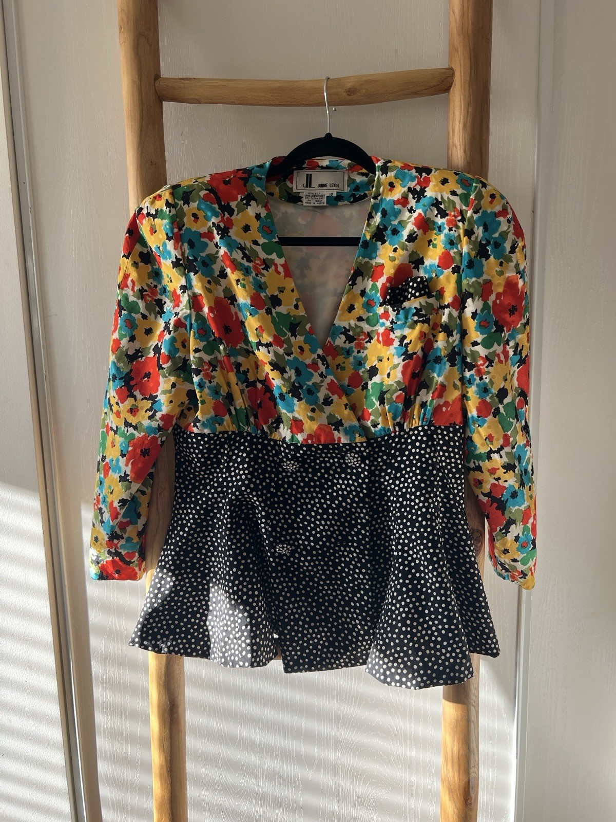1980s Jeanne Leech Floral polka-dot 0 silk padded shoulder jacket size 12