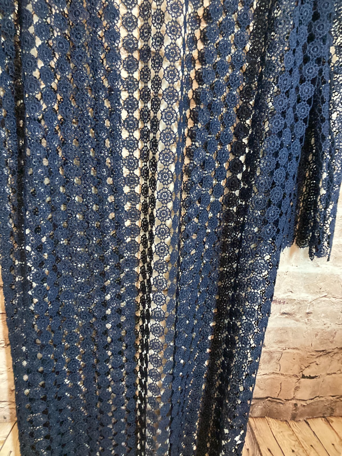 Young at Heart L.A. Top Women Small Navy All Over Crochet Long Length Open Front
