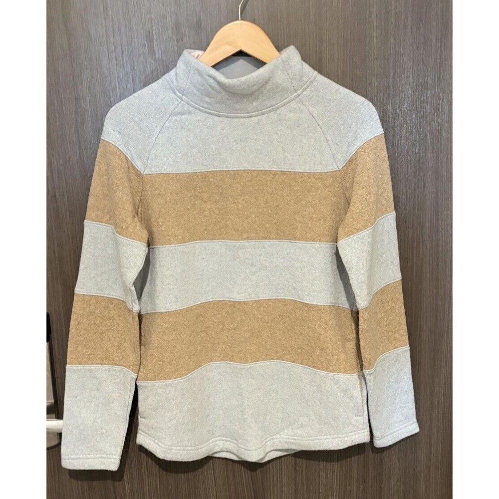 Prana Sweater Women’s Small blue Tan Wool Striped Pockets Mock Neck Pullover