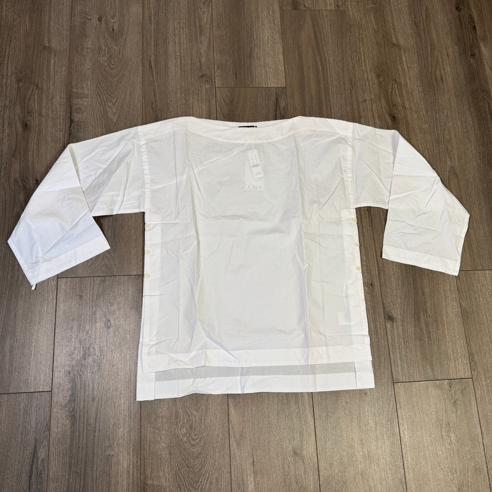 J.Crew Ciel Top Womens S White Poplin Boatneck Side Button Waist Tie Long Sleeve