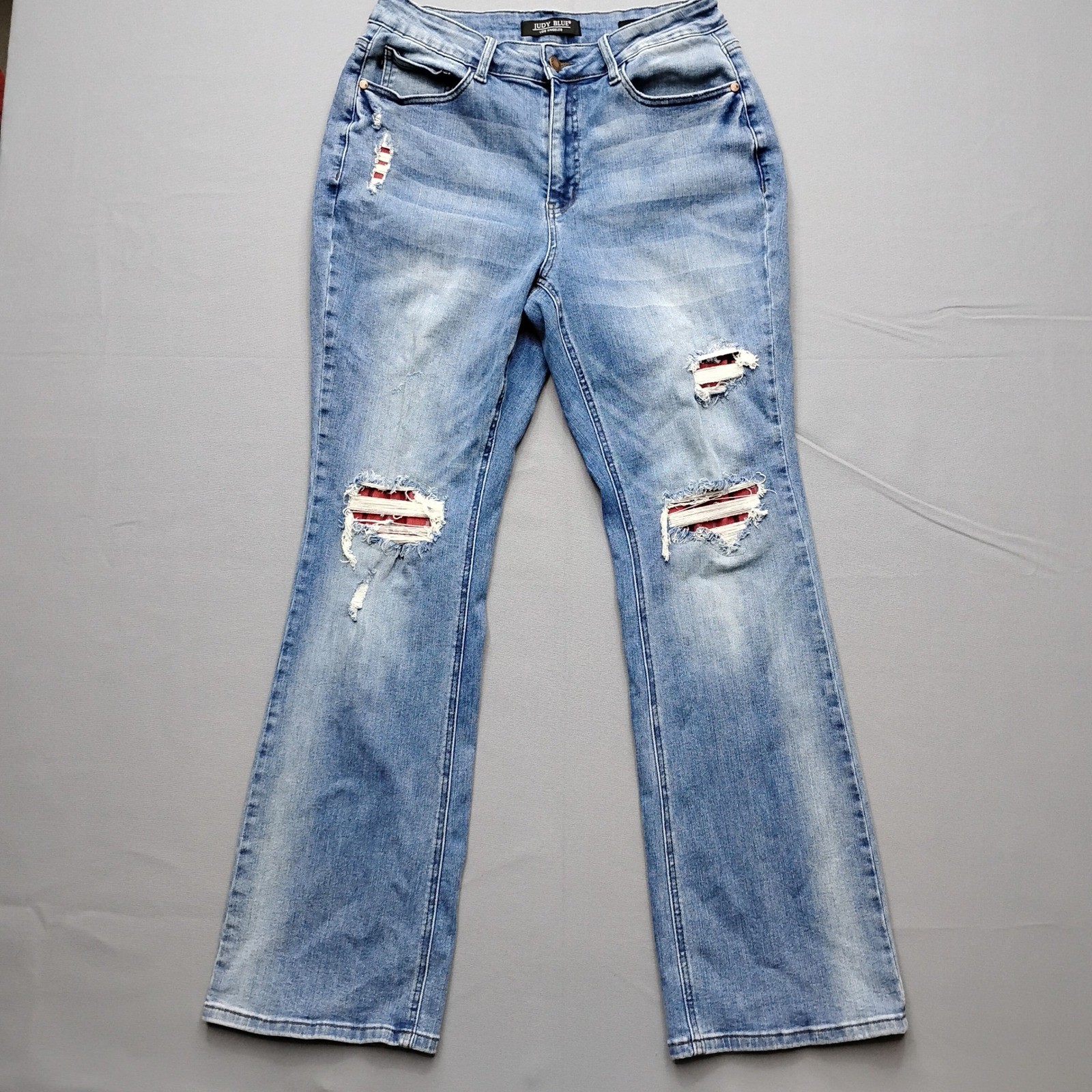 Judy Blue 14W Bootcut Jeans Distressed Plaid Patch Medium Wash JB88696 Womens