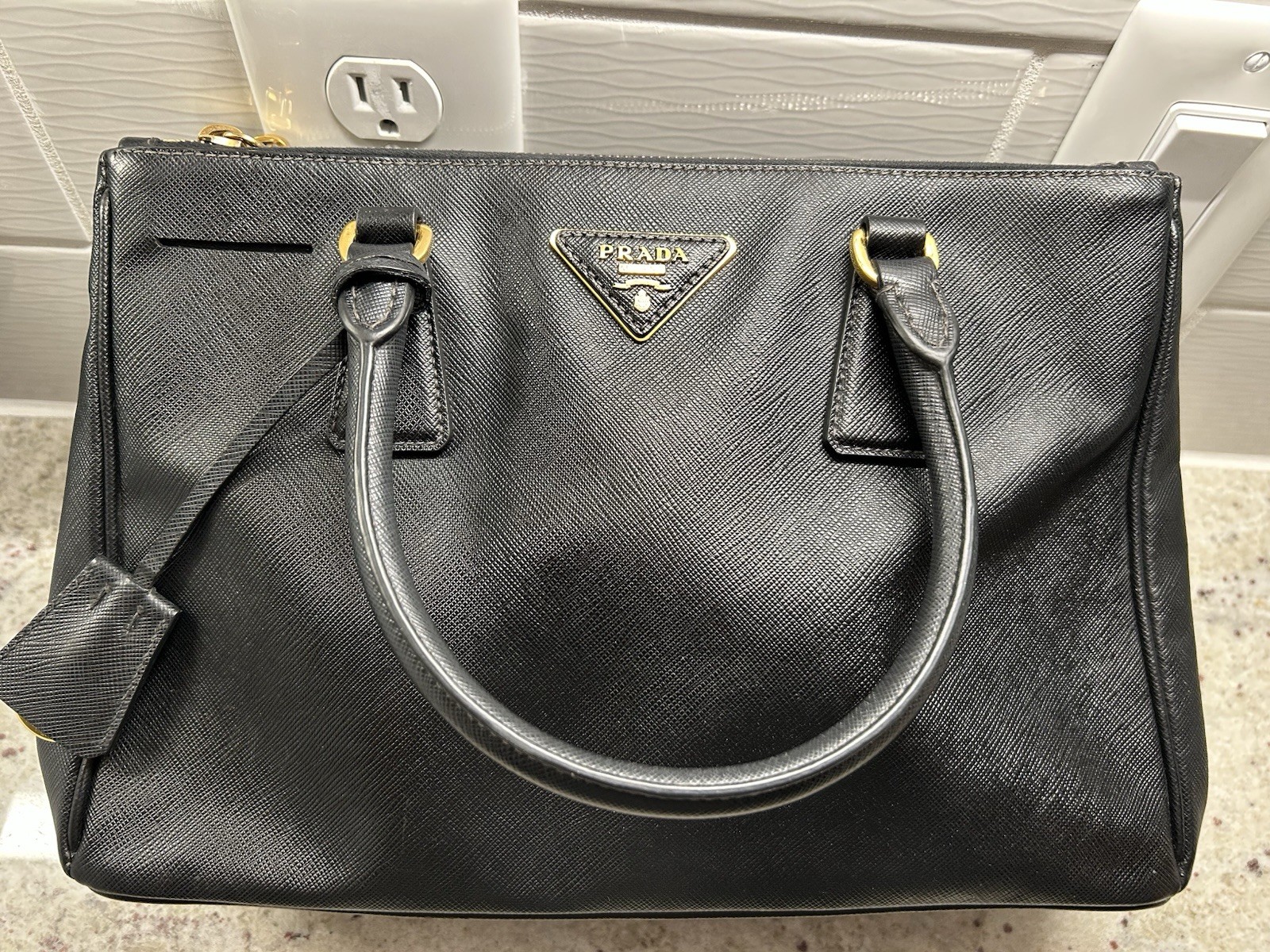 PRADA Black Galleria Saffiano Leather Top Handle Bag w/ Adjustable Strap, Gold