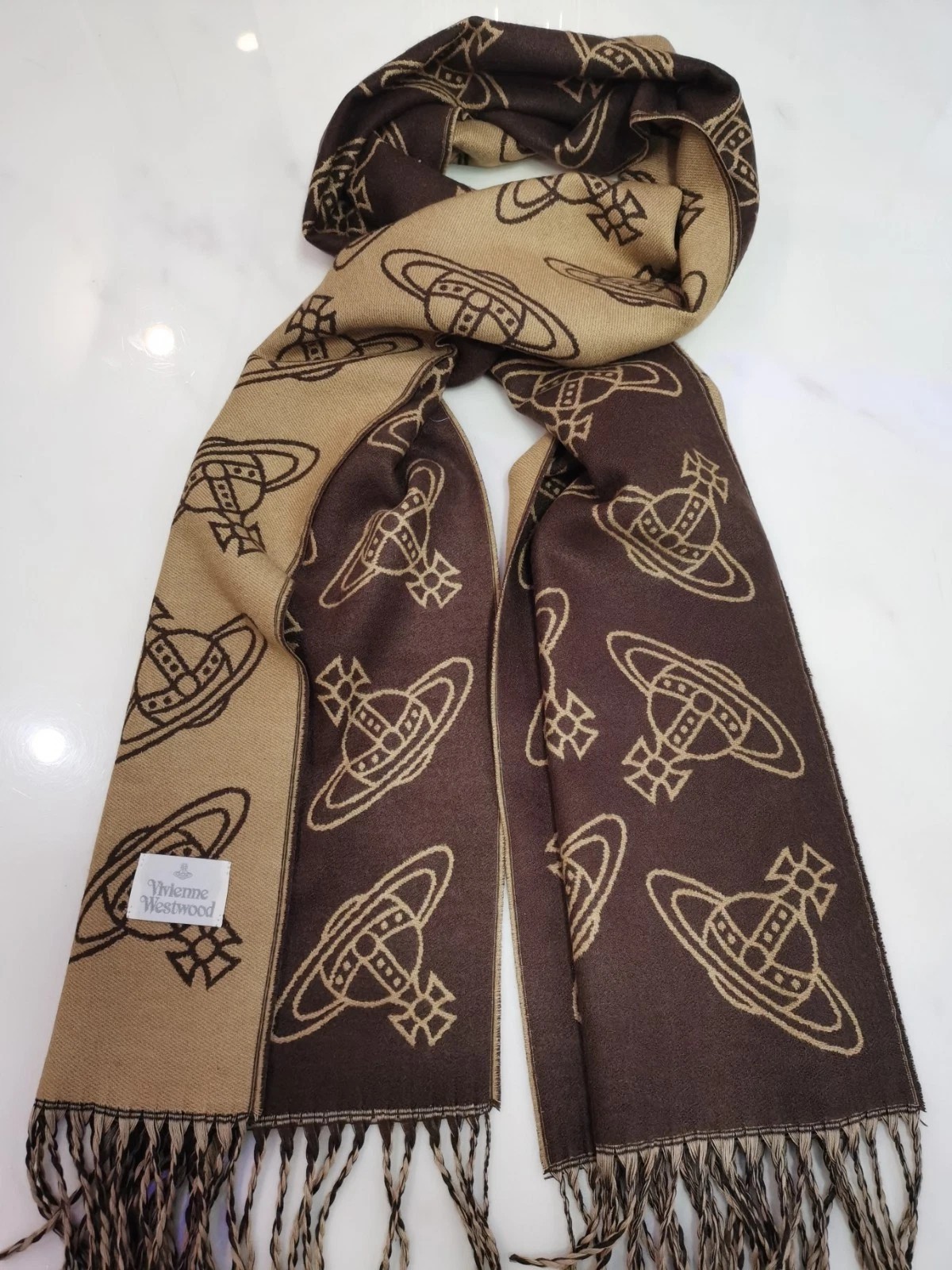 Vivienne Westwood Saturn pattern wool long scarf dark brown