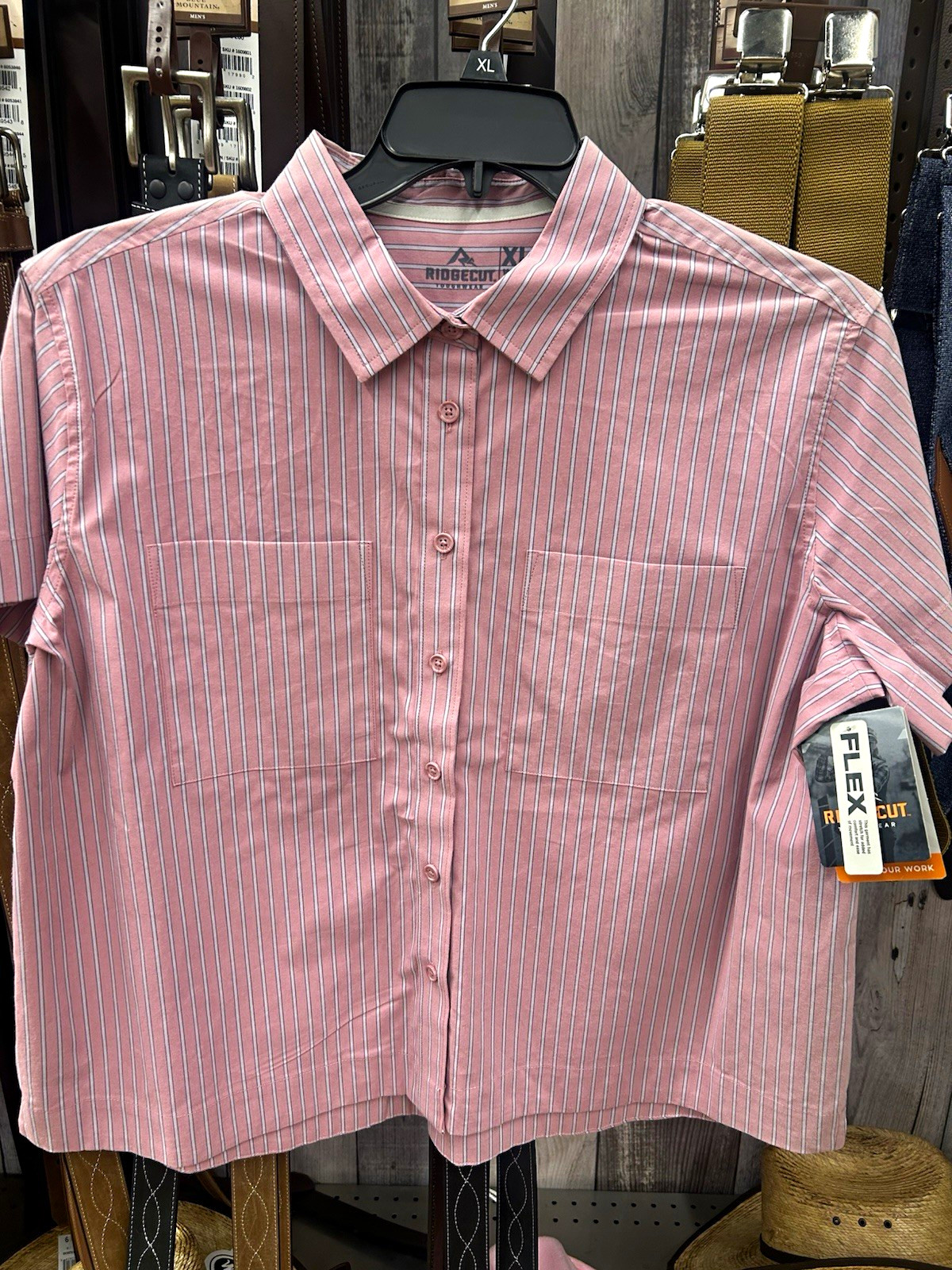 Ridgecut women’s XL Pink/White/Gray Striped Short Sleeve Collared Dress Shirt