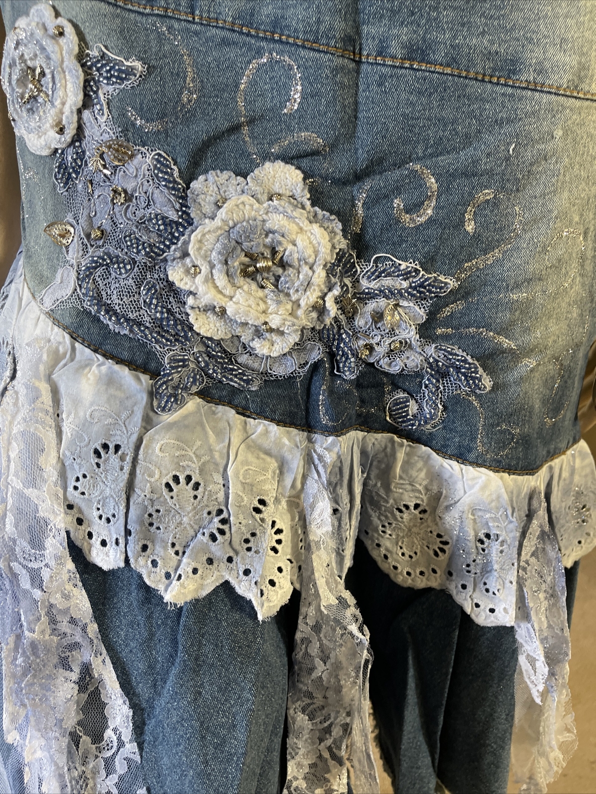 Blue Denim Beaded Embroidery Lace Ruffle Midi Zip Size XL(10-12) Skirt 905