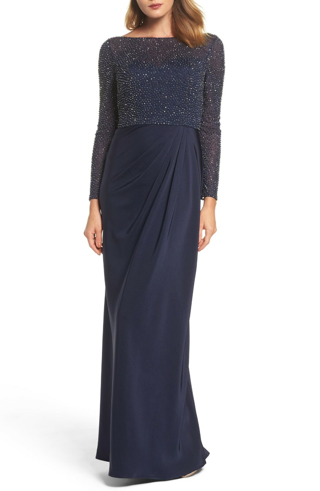 LA FEMME Navy Beaded Embellished Sheer Mesh Bodice Pleated Maxi Gown Dress 8 = M
