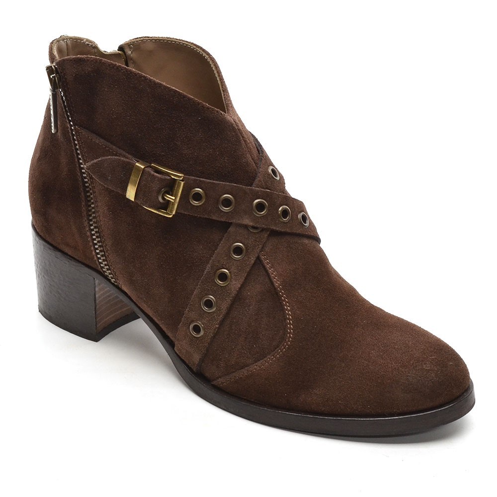 Ladies Italeau Handmade Buckle Zip Bootie 38.5 / 8.5 Brown Suede Heel Boot Shoes