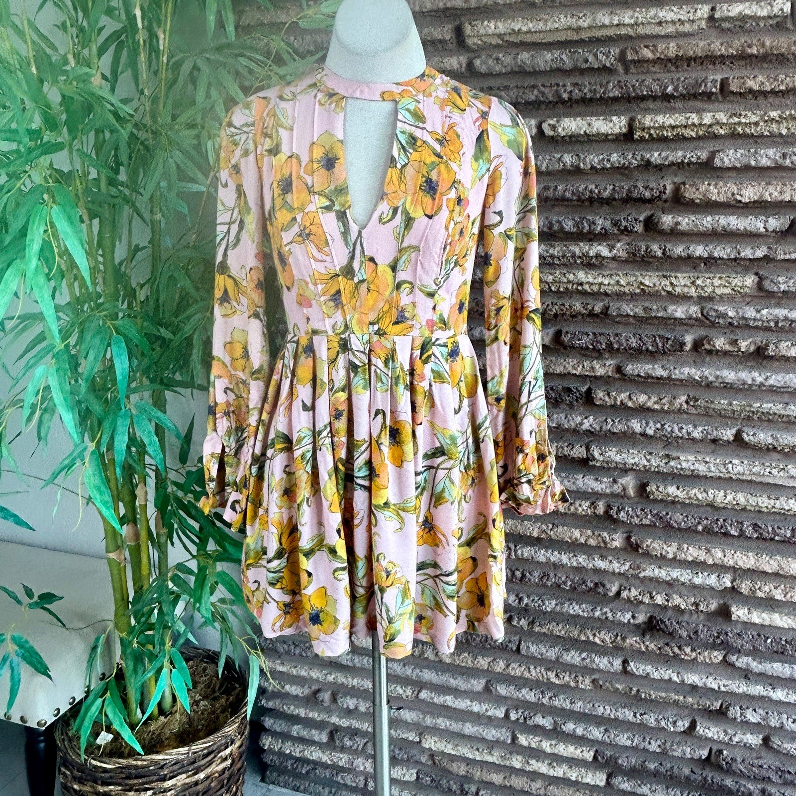 Free People Dress Tegan Floral Cutout V-Neck Pleated Long Sleeve Mini Skater