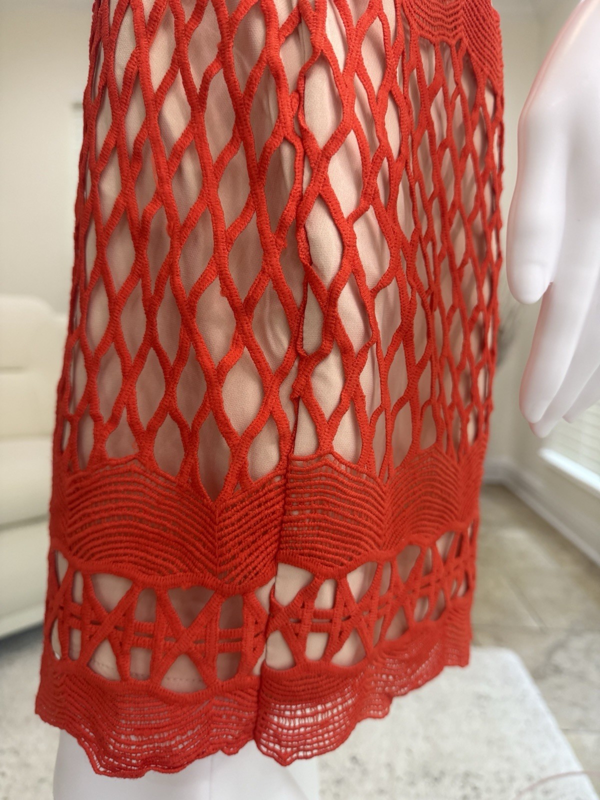 Endless Rose Women’s Guipure Lace Bodycon Dress in Orangish-Red/ Chili Size M