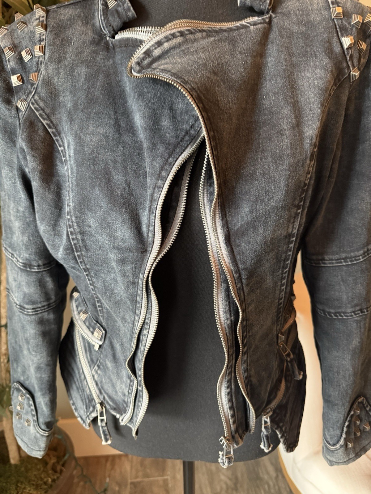 Jacket Womans Studded Riveted Denim Moto Cyber Punk Rock Steampunk M? Zipper S ?