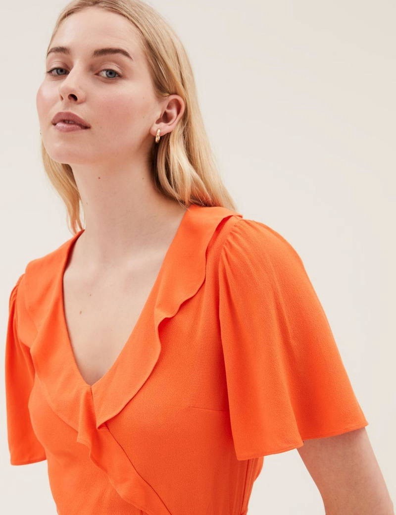 M&S Orange Frill V-Neck – Mock Wrap Blouse With Angel Sleeve Size 14 RRP: £29.50