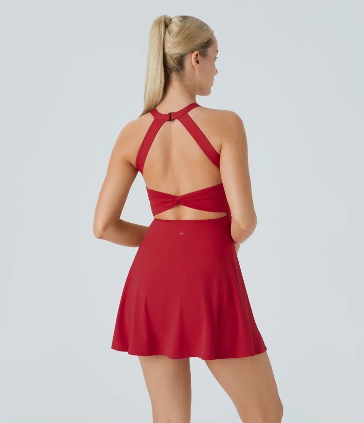 NWT SoftlyZero™ Airy Backless Twisted Flare Dance Active Dress in salsa red M