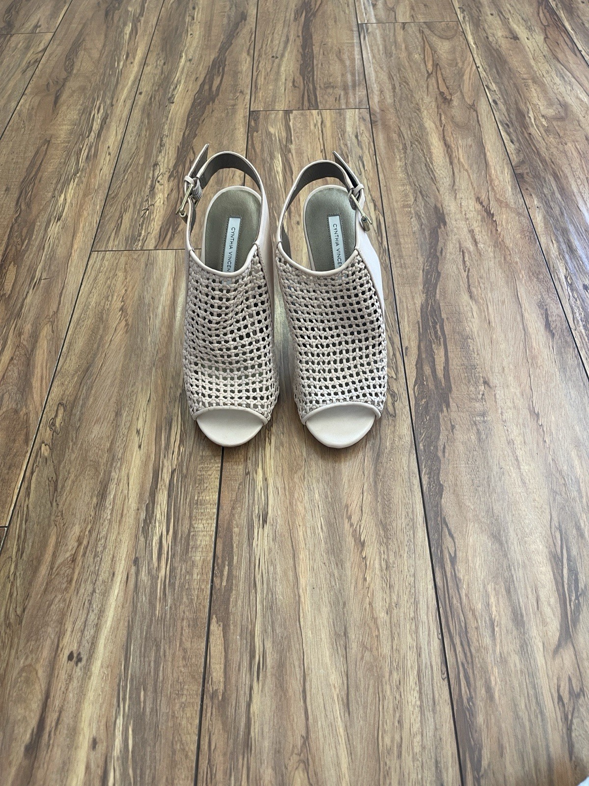 Cynthia Vincent Women’s Beige Woven Strappy Open Toe Stiletto Heels 8