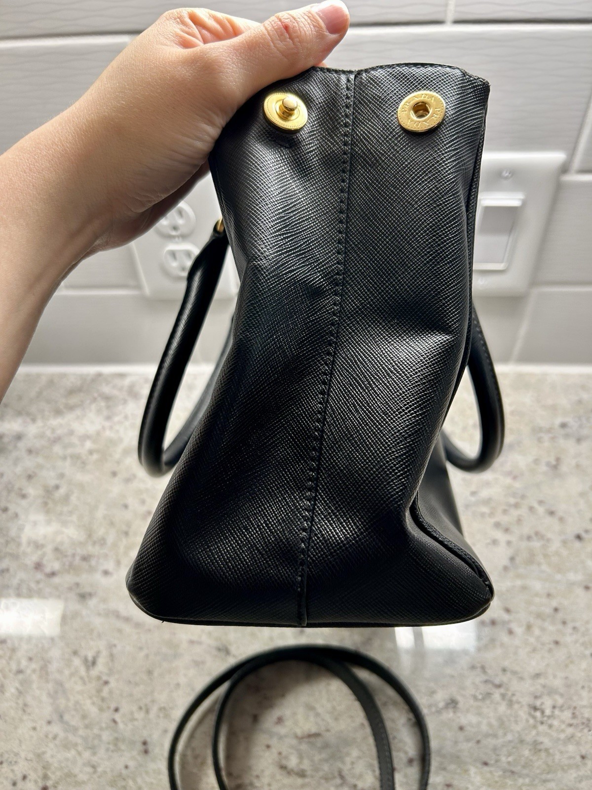 PRADA Black Galleria Saffiano Leather Top Handle Bag w/ Adjustable Strap, Gold