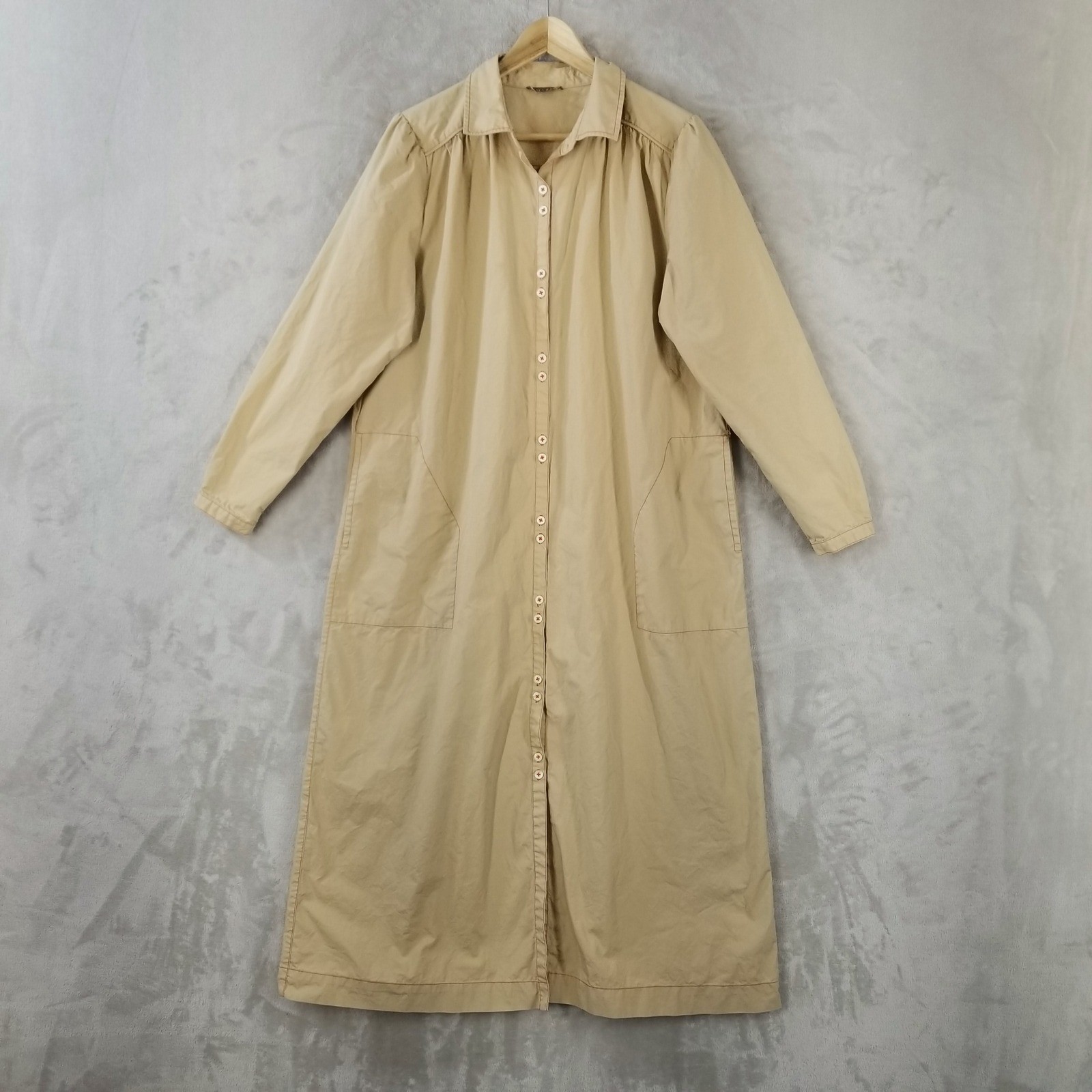 Lilla P Shirt Dress Womens L Tan Long Sleeve Button Front Maxi Minimal Safari