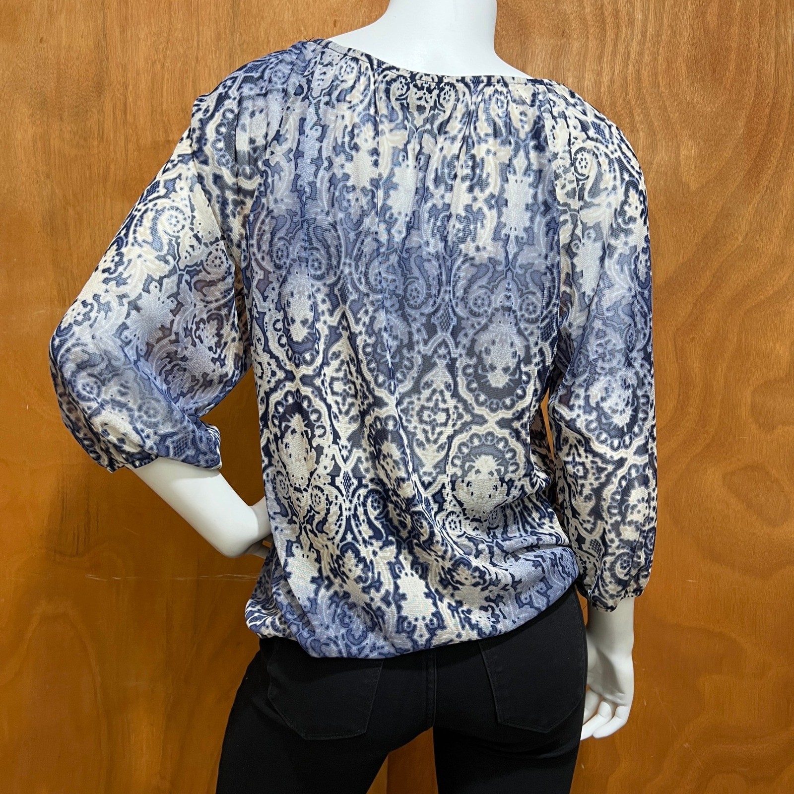 INC International Concepts Mesh Blouse XL Blue Gray Damask Paisley 3/4 Sleeve
