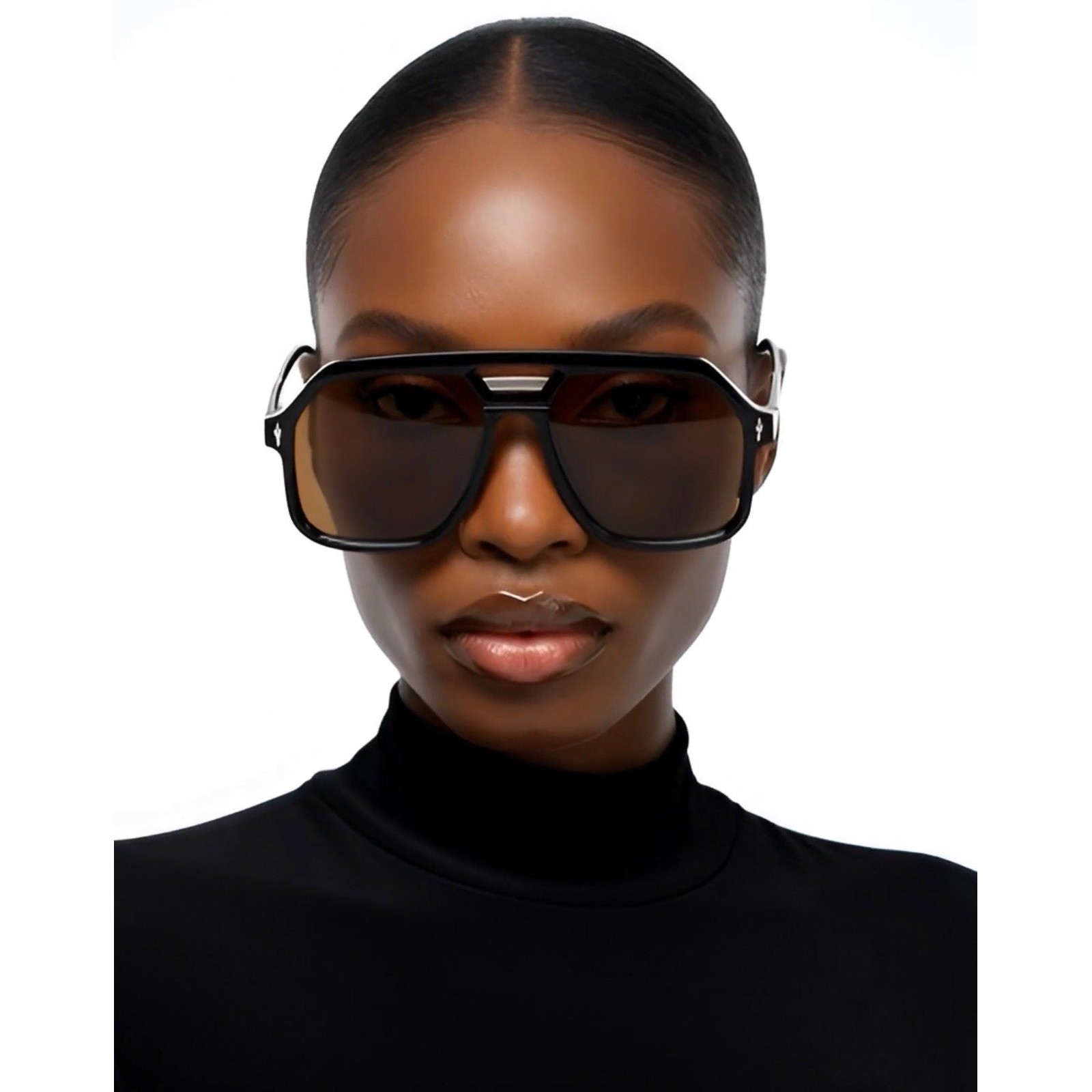 Oversized Flat Top Fancy Sunglasses Black Frame Brown Lens Square Shield 142mm