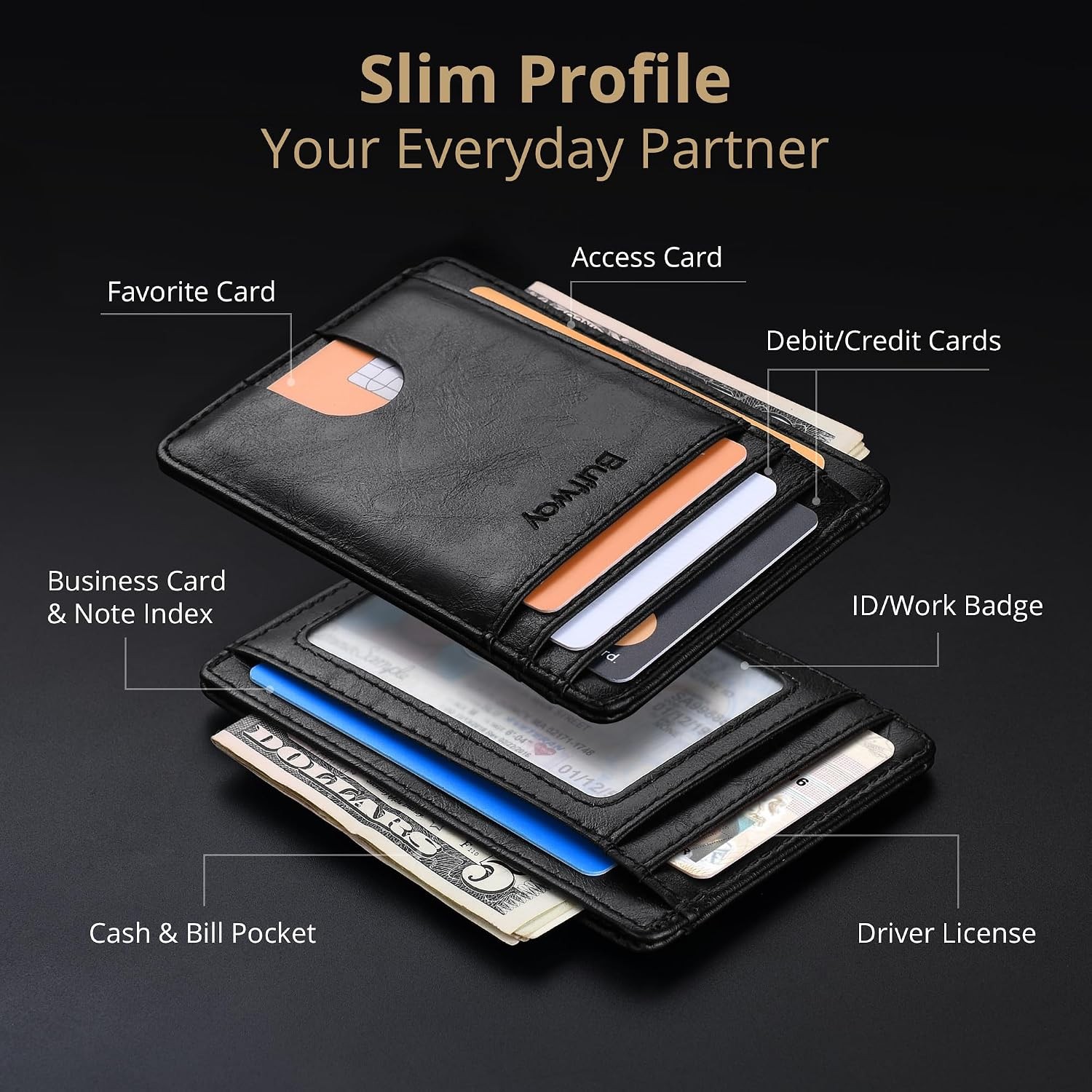 Slim Minimalist Front Pocket RFID Blocking Leather Wallets for Men [Black]