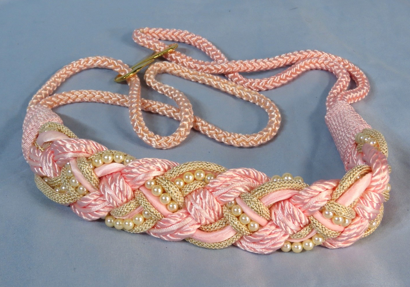 Vintage PINK & GOLD Cummerbund Belt BRAIDED WOVEN Satin Cord & Faux Pearls 38″ L