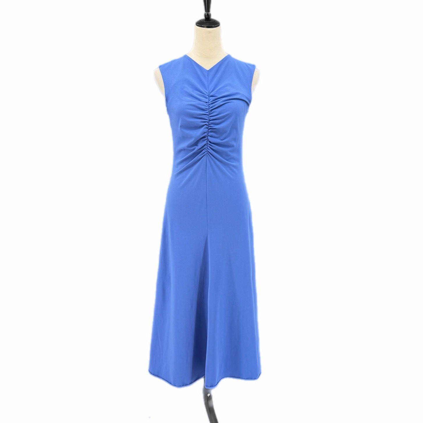 COS S Blue Slim Fit Gathered Ruched Sleeveless Cotton Blend Stretch Midi Dress
