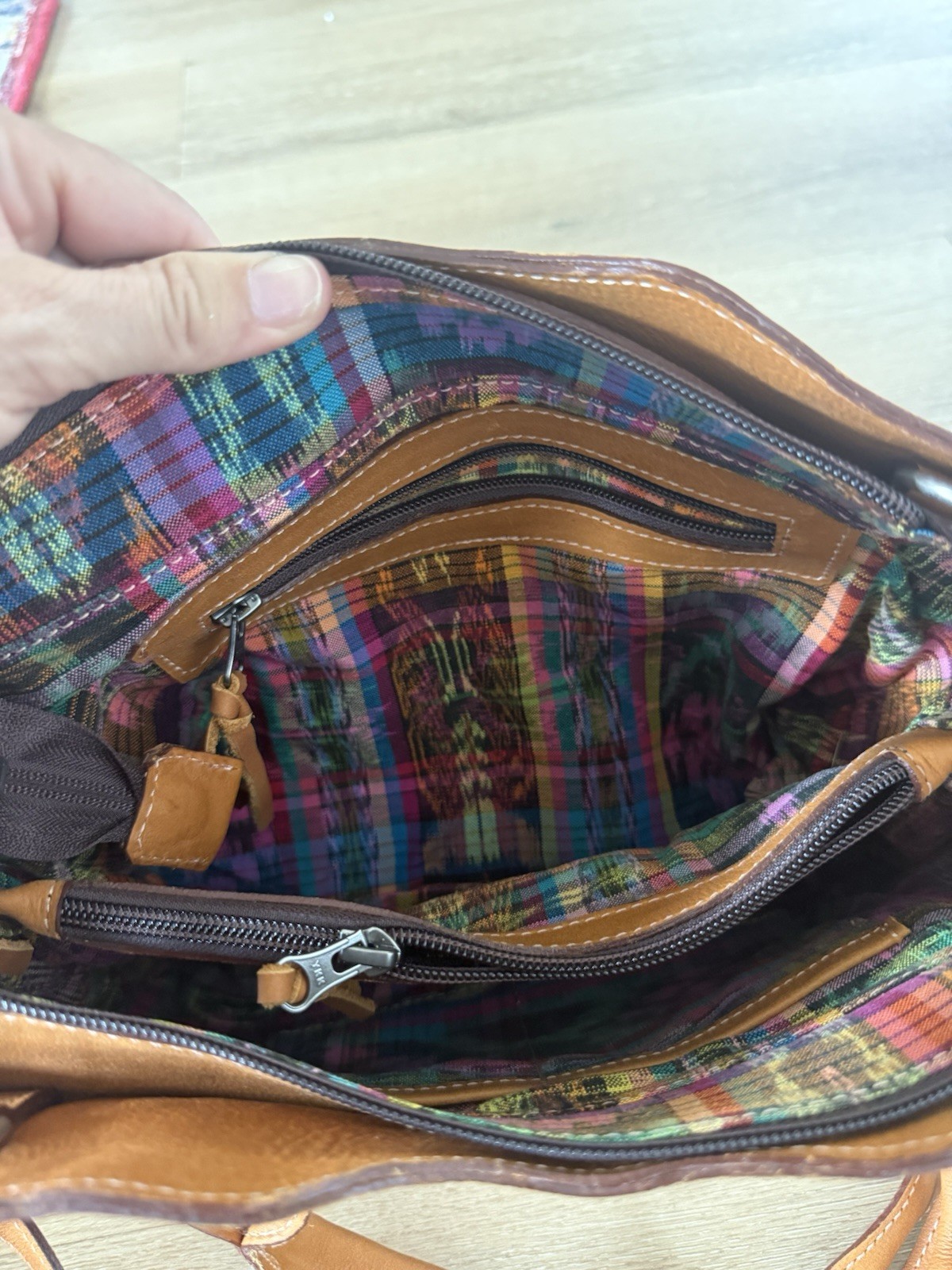Brown Multicolor Geometric Satchel Top Handle Bag w/ Detachable Crossbody Strap