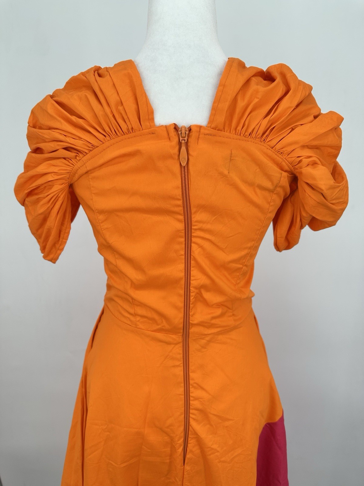 Colorblock Midi Dress Sz 6 Orange Pink Puff Slv Square Neck Dopamine Statement