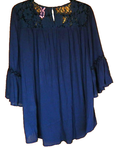 Honeyme Curvy Floral Lace Top Blouse Womens 1X Crochet 3/4 Sleeve Navy Blue Boho