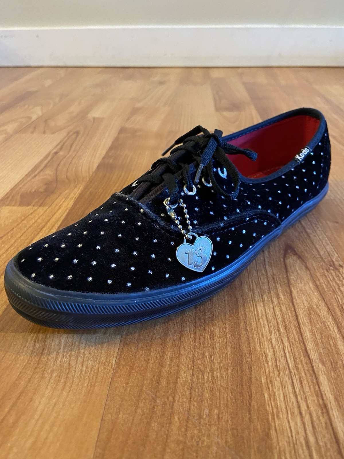Keds x Taylor Swift Black Velvet Glitter Polka Dot Sneakers with 13 Heart Charm