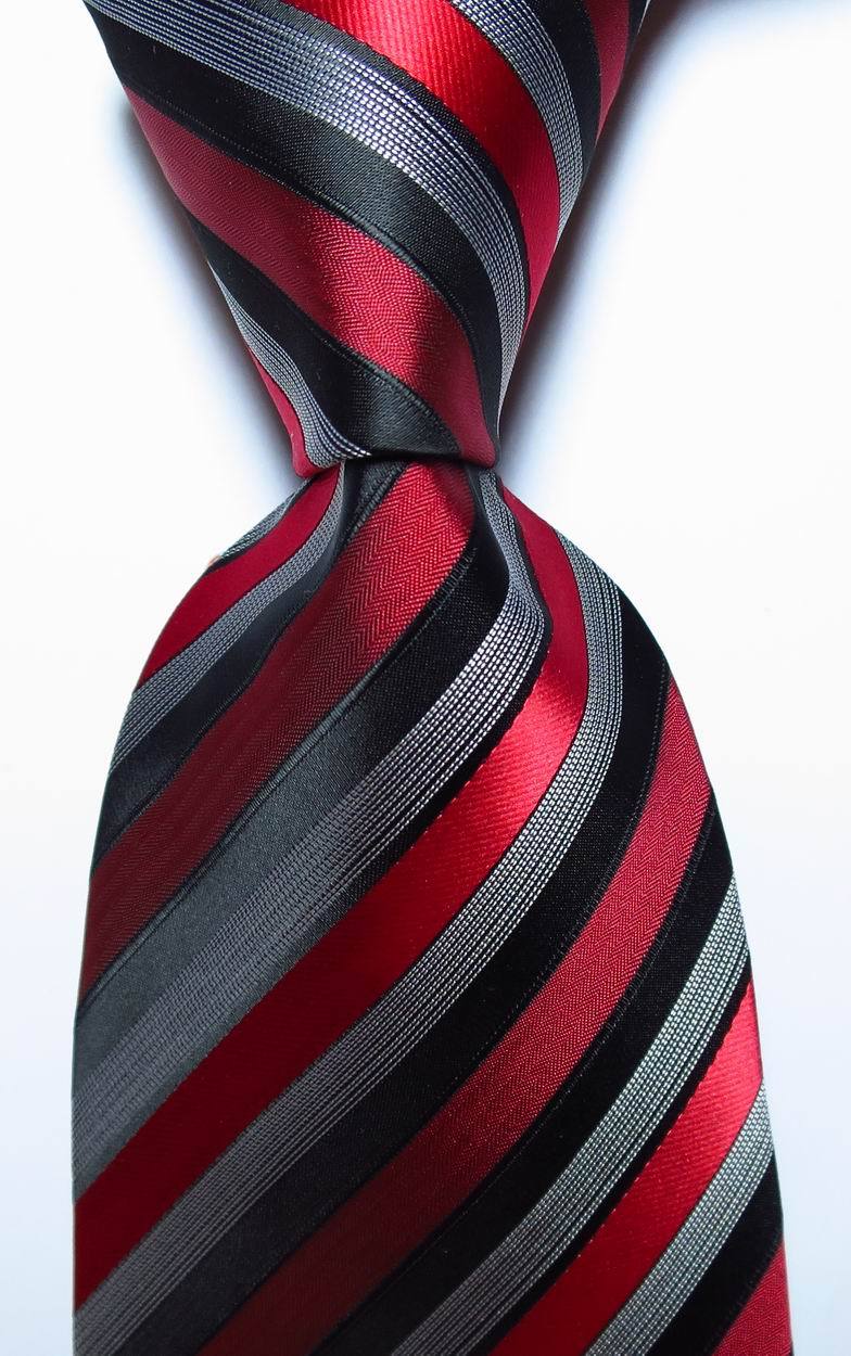 New Classic Striped Black White Red JACQUARD WOVEN Silk Men’s Tie Necktie