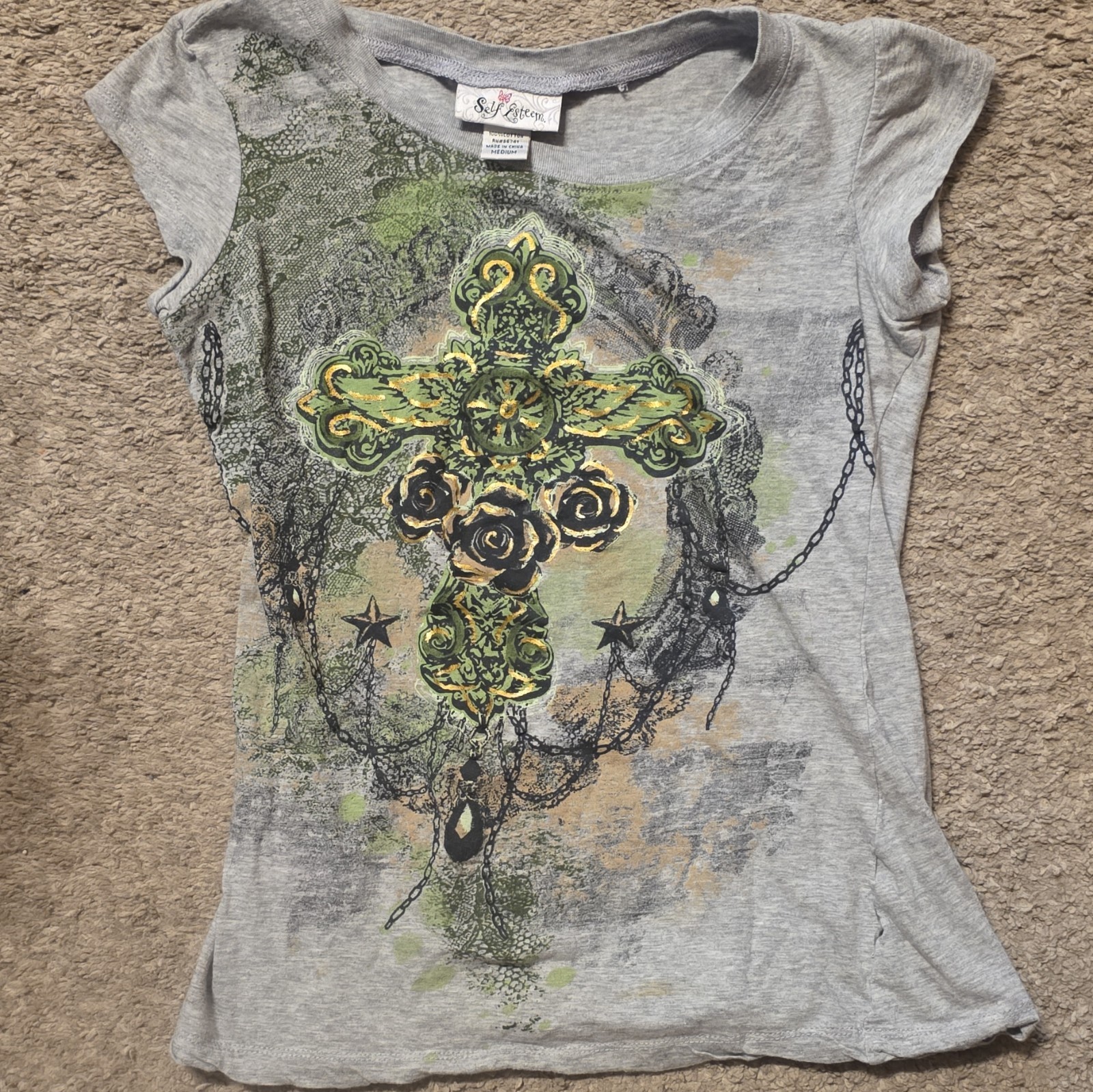Self Esteem Women’s M Gray Scoop Neck Cap Sleeve Cross Graphic T-Shirt Tee