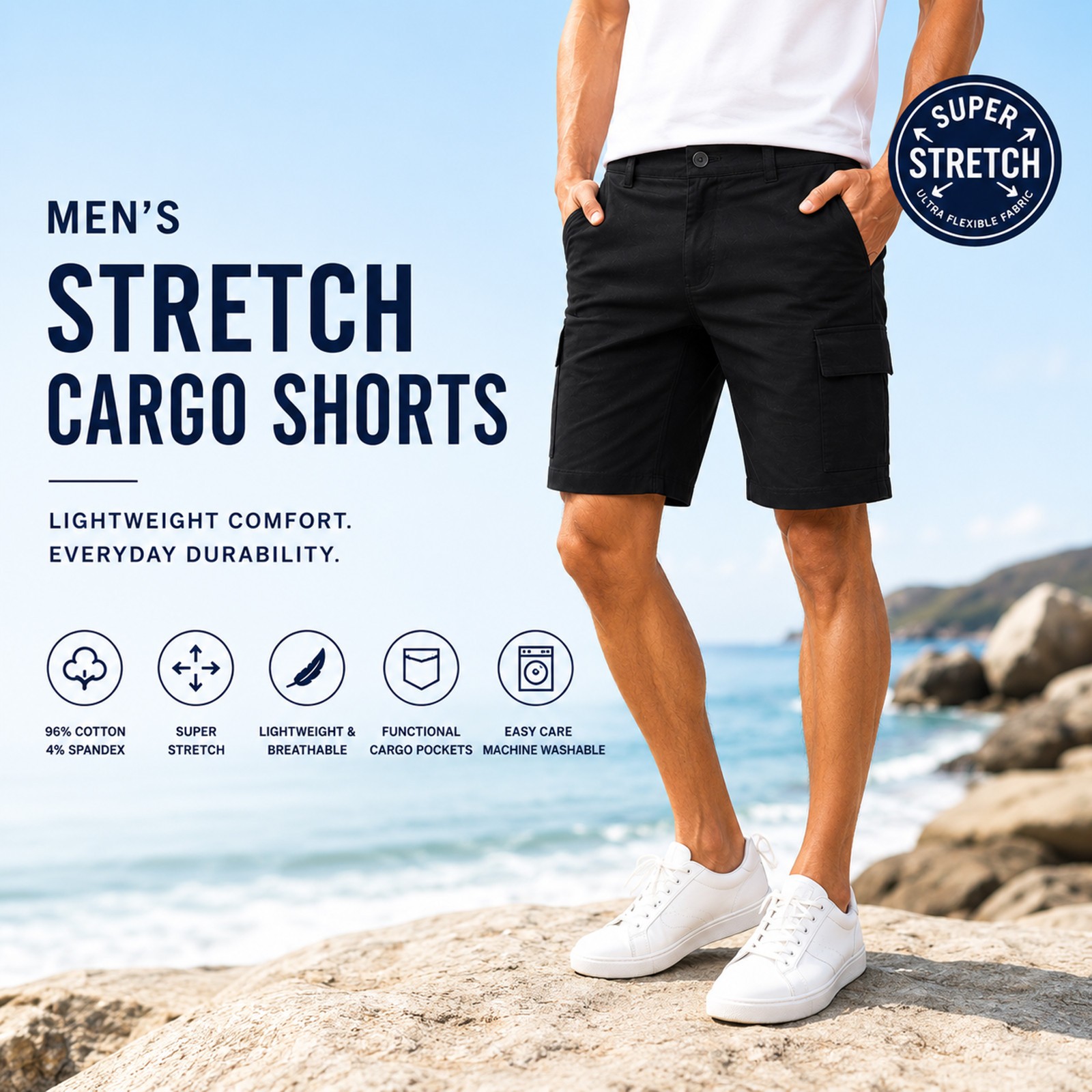 Men’s Super Stretch Cargo Shorts with Button Closure and Zipper Pockets (30-42)