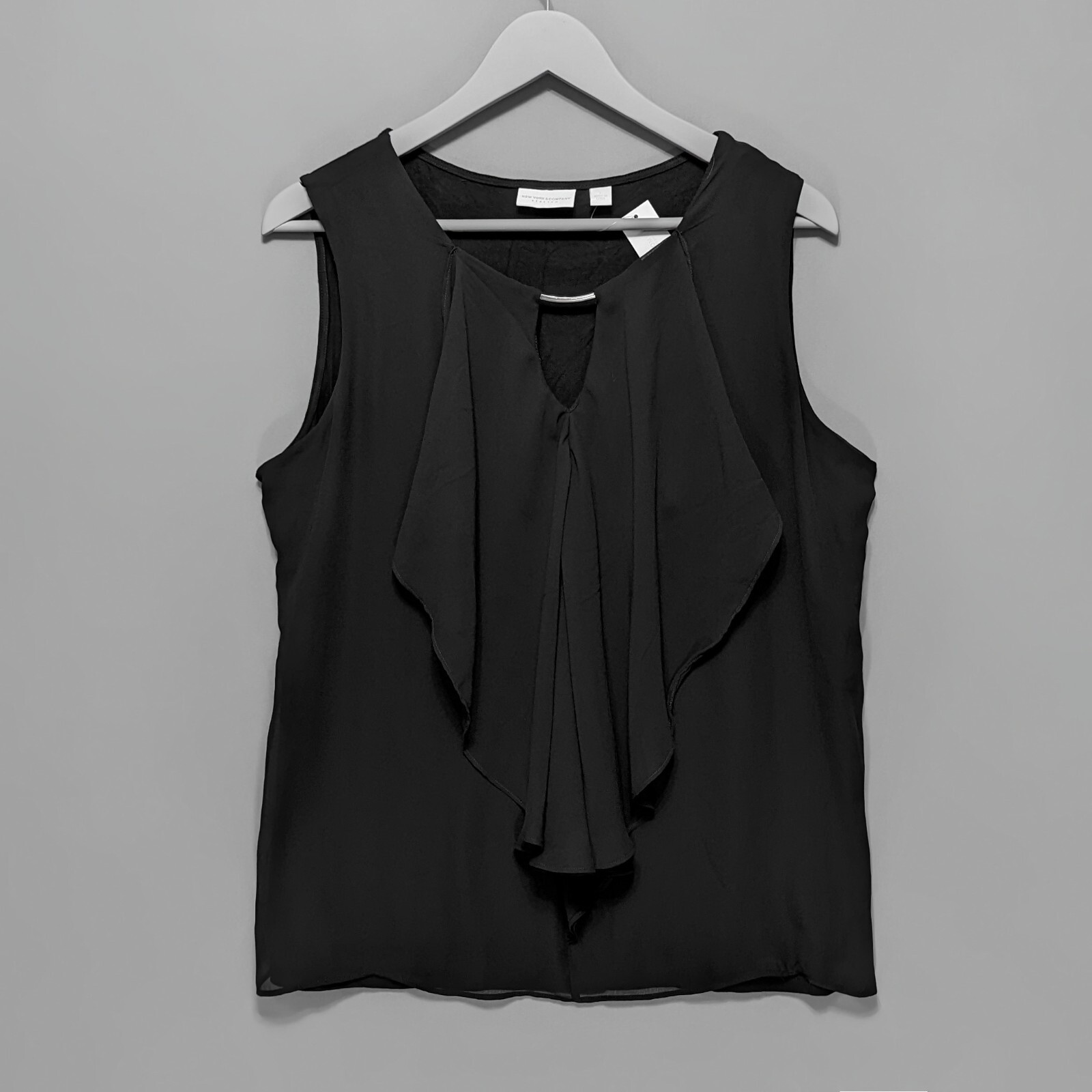NY&Co Black Jersey Draped Chiffon Front Layer Top Metal Bar Keyhole Neck L