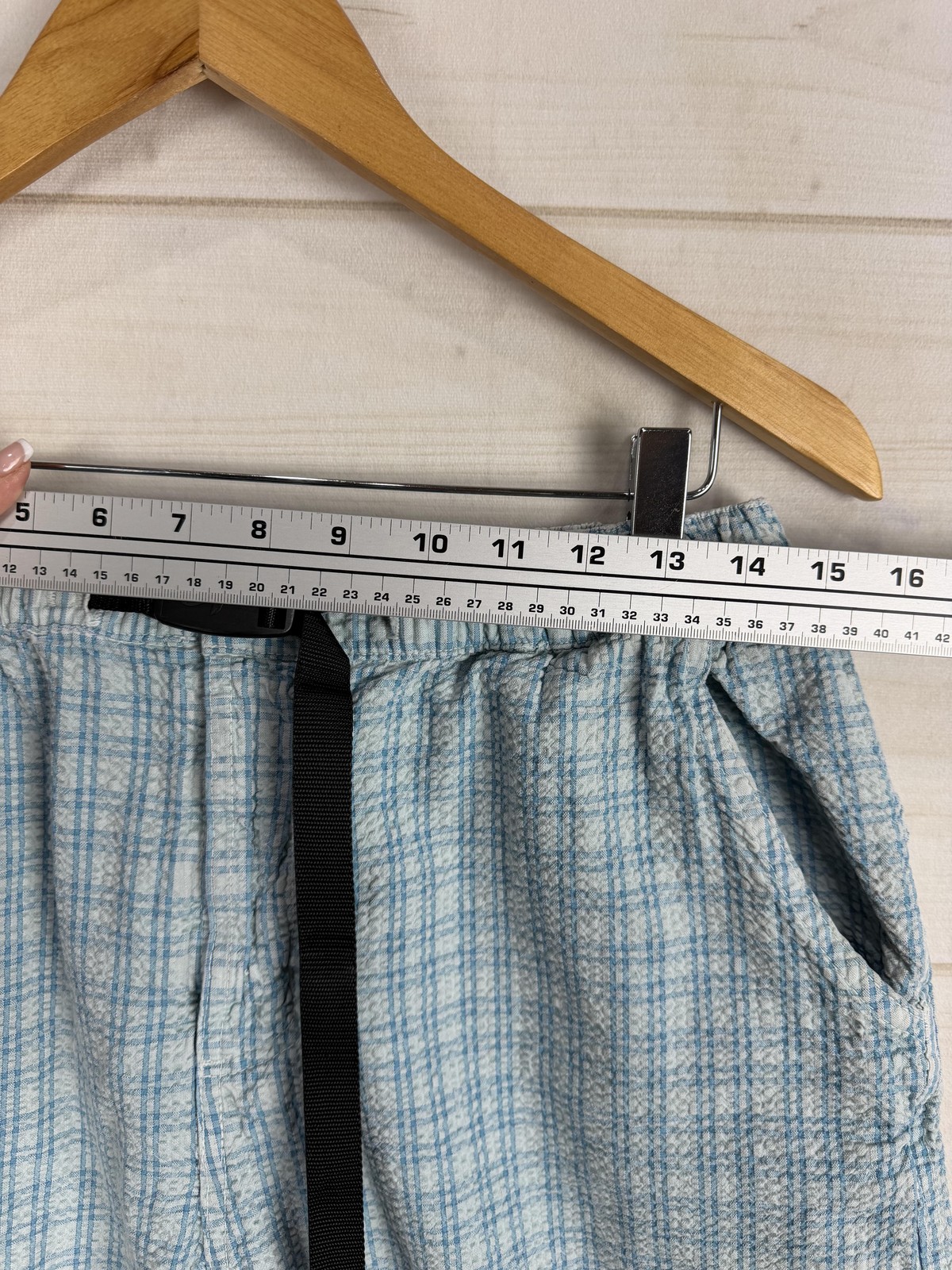 Vintage Gramicci Shorts Womens XL Blue Check Elastic Waist Belted Hiking USA
