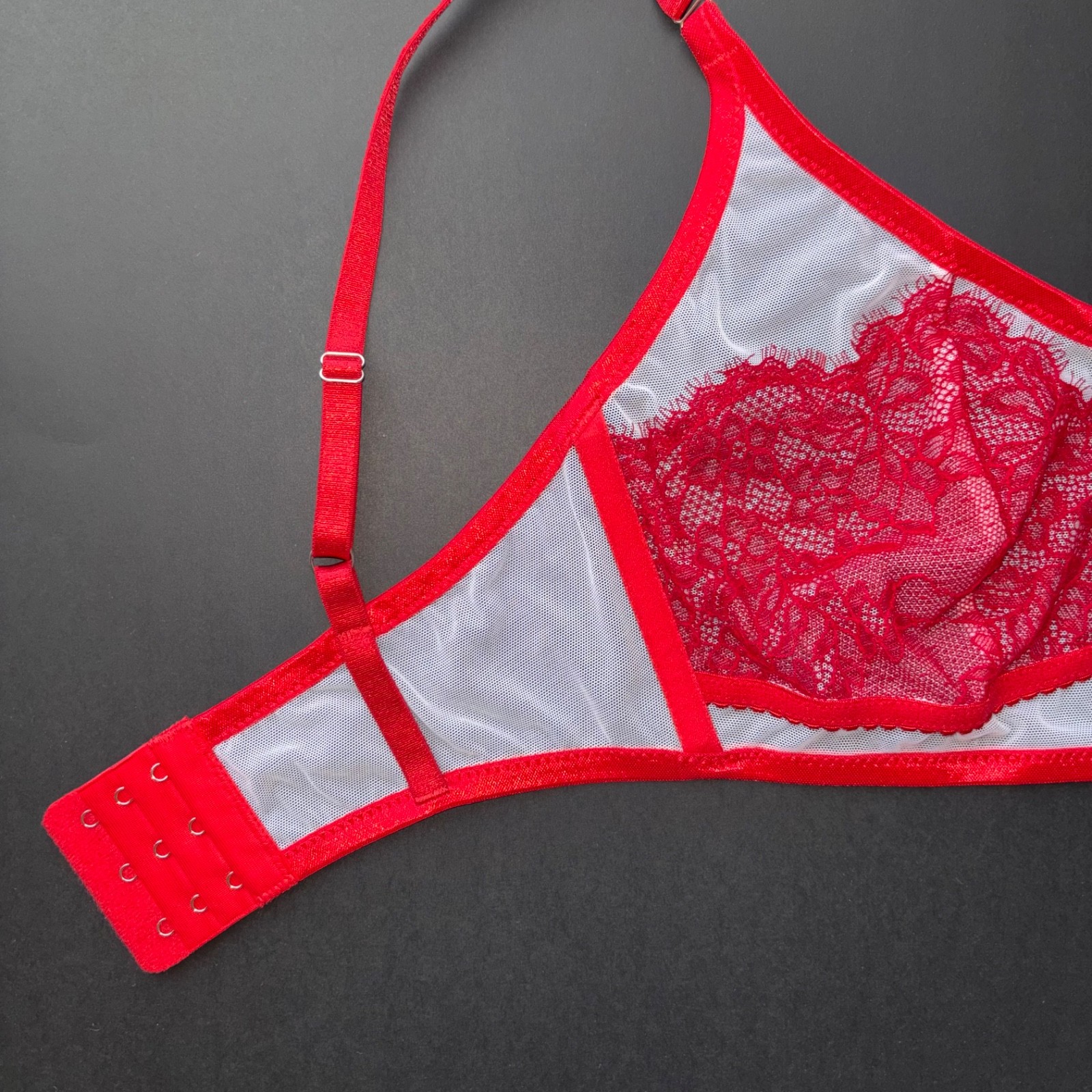 Handmade White Sheer Mesh Retro Red Chantilly Lace Bralette Bra Bustier 34B 32C
