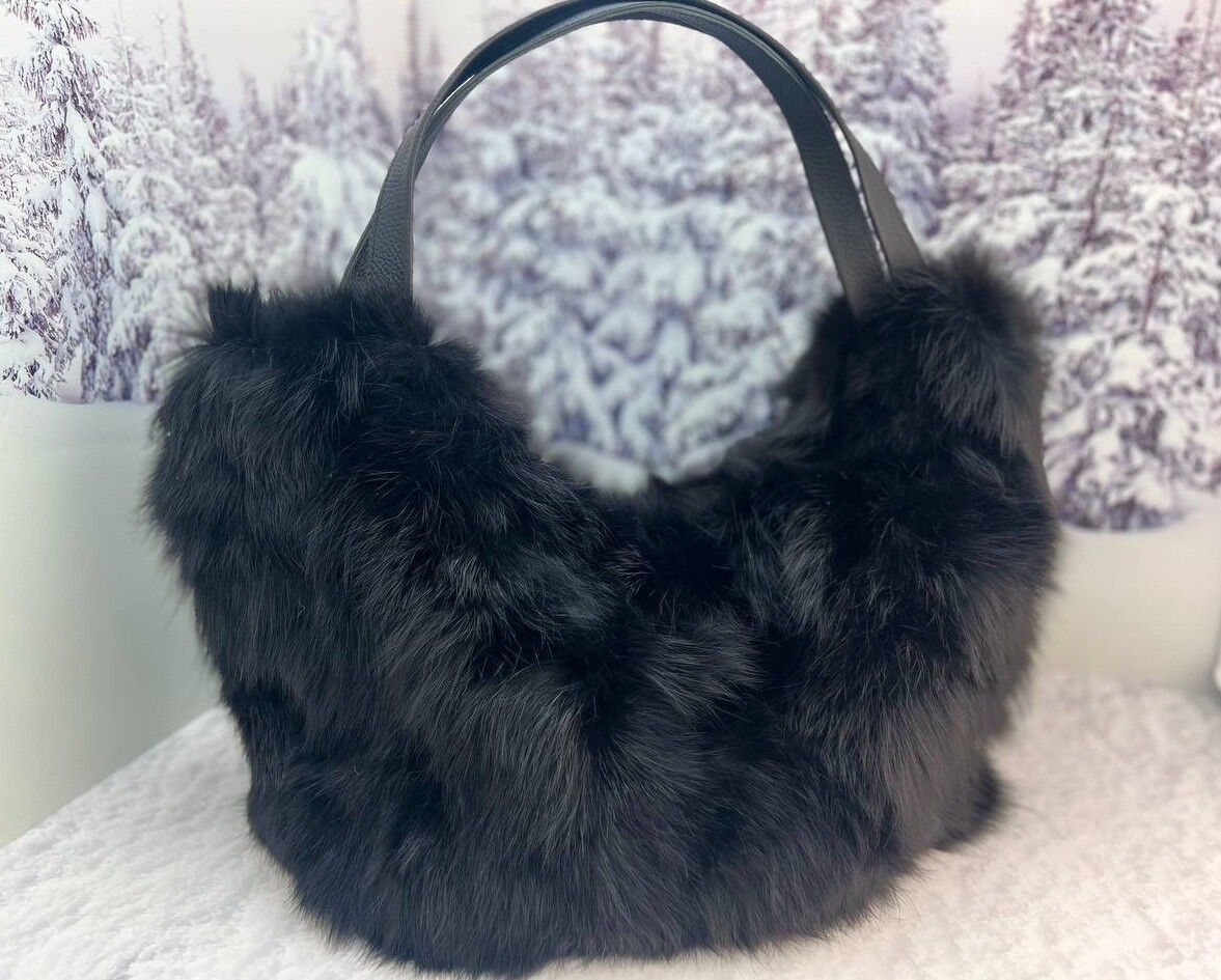 Real black fox fur tote bag Long fur shopper Huge bag Oversized large bag