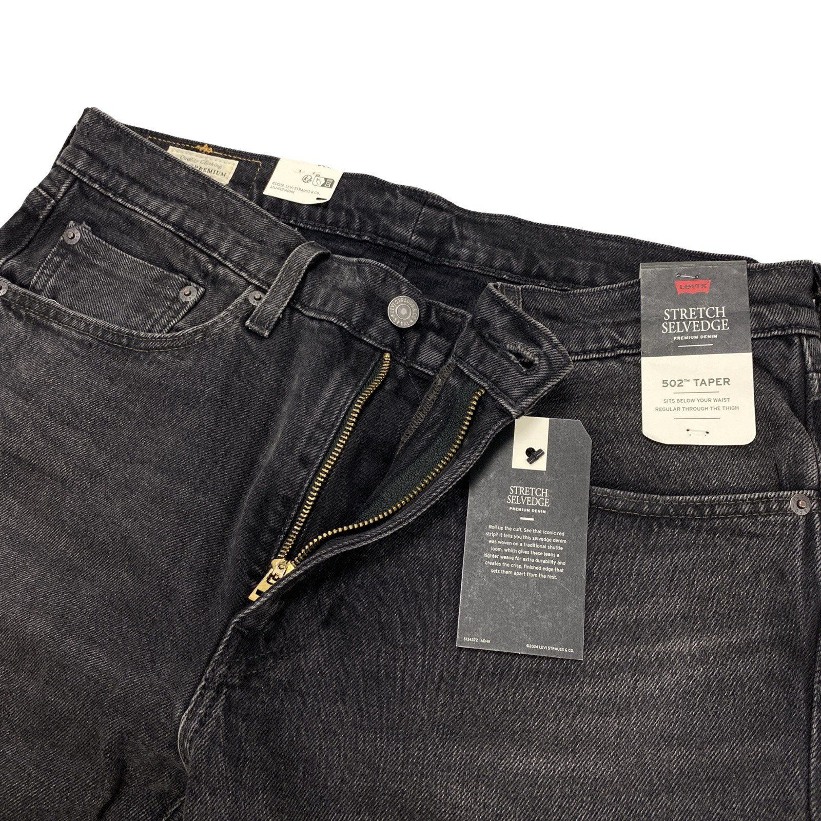 Levi’s Premium 502 Taper Men’s Stretch Selvedge Jeans Size 34 x 30 Black Wash