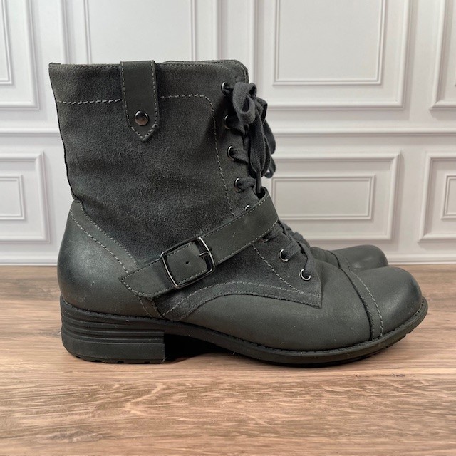 ABEO Verity Leather Combat/Moto Boots Lace Up Buckle Accent EUC Gray Size 9.5N