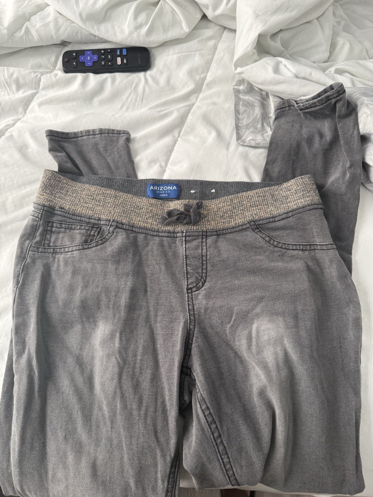 Arizona Jean Co Gray Denim Jogger Pants L 30″ Waist Drawstring Pockets Slim